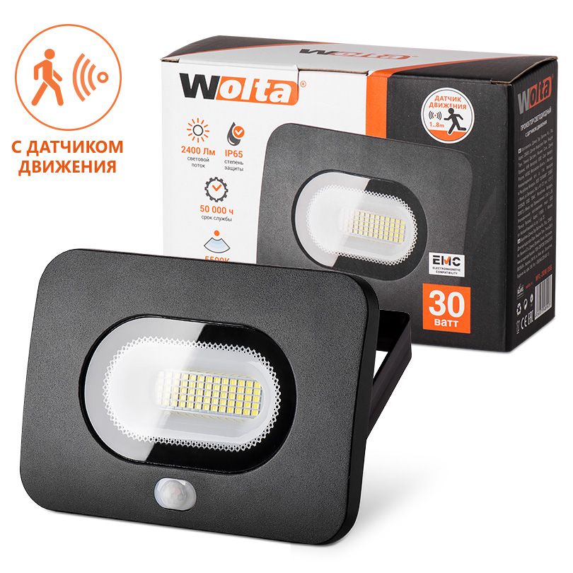 Светодиодный прожектор WFL-30W/05s с датчиком движения 5500K 30 Вт LED IP65 2400 Лм 1/25 Wolta - WFL-30W/05s